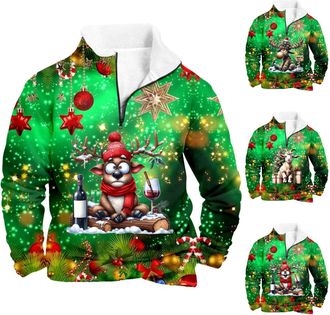 Generic Christmas Jumpers for Men Funny Reindeer Sweatshirt Fleece Lined Pullover 1/4 Zip Xmas Jumper 3D Printed Sweater Long Sleeve Casual Loose Sweatshirts