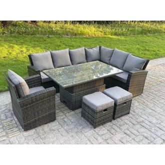 Fimous High Back Rattan Garden Furniture Corner Sofa Sets Adjustable Rising Table Dark Mixed Grey 9 seater right corner - Fimous