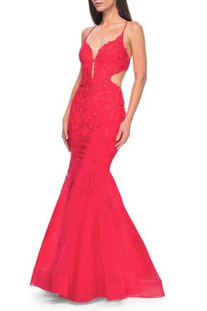 La Femme Lace and Tulle Mermaid Gown with Side Cut Outs in Hot Coral at Nordstrom, Size 00