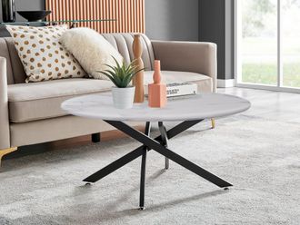 Furniturebox Novara Round Marble Effect Glass Top Coffee Table With Black Metal Starburst Legs in White