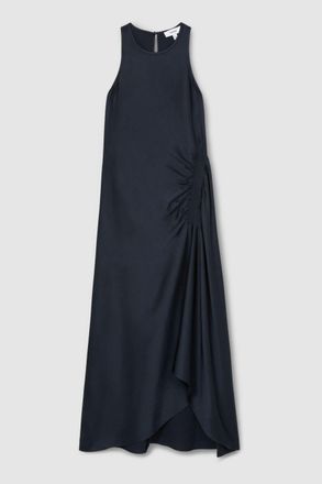 Reiss Womens Navy Blue Shirred Satin Midi Dress, Size: 4