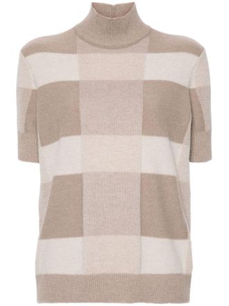 Emporio Armani mock-neck check-pattern sweater - women - Virgin Wool/Cashmere - L - Neutrals