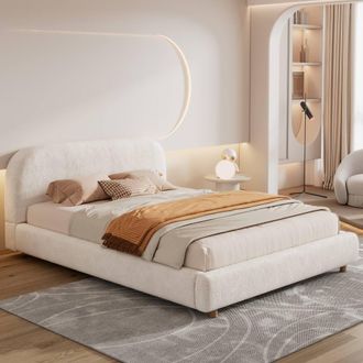 Merax Warm White Boucle 4ft6 Double Ottoman Bed with Arched Headboard