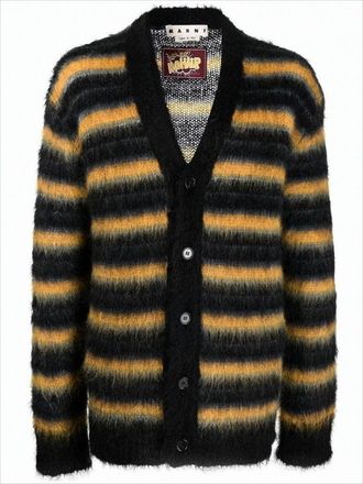 Marni Horizontal Striped Fuzzy Mohair Cardigan