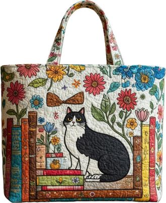 Generic Vintage Quilted Tote Bag,Cute Animals Print Cotton Shoulder Bag,Canvas Book Print Shoulder Bags for Vacation Shopping