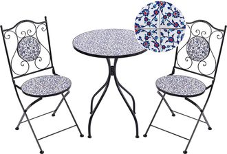 Beliani Conjunto De Balc&oacute;n Jard&iacute;n Exterior Metal Estilo Vintage Patr&oacute;n Mosaico Estructura De Hierro Negro Azul Camprena