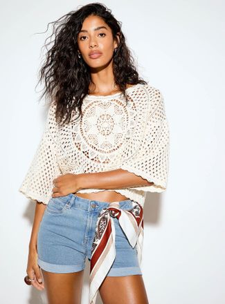 Icone Womens Short-sleeve cropped crocheted sweater