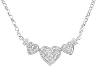 House of Brilliance 14K White Gold 1.0 Cttw Princess Cut Diamond Three Heart 18 Statement Pendant Necklace