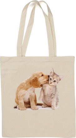 Generic Cat And Dog Cute Kiss Natural Cotton Tote Bag White