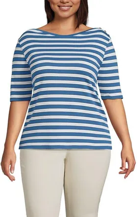 Lands End Supima Cotton Elbow Sleeve Boatneck Button Shoulder Tee in Teal Blue Ocean Multi Stripe at Nordstrom, Size X-Large P