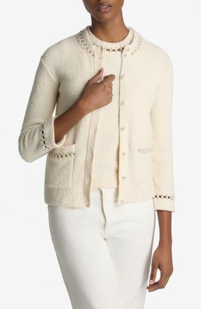 St. John Embellished Stretch Micro Boucl&eacute; Jacket in Ecru at Nordstrom, Size Medium