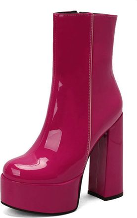 Generic Womens Chunky Block Heel Mid-calf Boots with Platform, Square Toe Design for Stylish Autumn Winter Wear,Rose Pink,6.5 UK