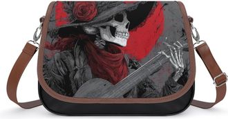 Generic Day of Death Gothic Skeleton Playing Guitar Crossbody Bag Womens Handbag PU Message Bags Shoulder Purse with Adjustable Strap