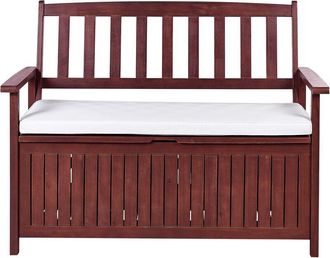 Beliani Banco De Jard&iacute;n Con Almacenaje De Madera Maciza De Acacia 2 Plazas 120 Cm Rojo Oscuro Con Coj&iacute;n Blanco Sovana