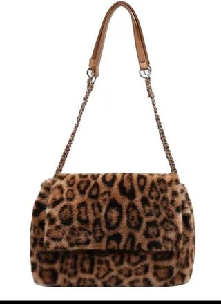 Generic Fur Leopard Print Shoulder Bag with Chain Strap, Available in Black/Grey, Dark Brown, Light Brown (Light Brown)