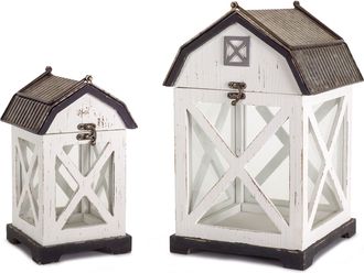 Melrose International Distressed White Wood Barn Style Lantern (Set of 2) - White, Brown