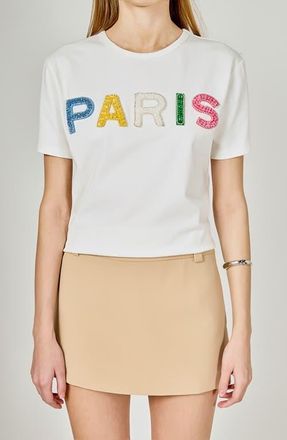 endless rose Crystal & Bead Embellished Graphic Cotton T-Shirt in White at Nordstrom, Size X-Small