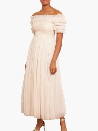Needle & Thread Midsummer Lace Off Shoulder Ankle Gown in Cream at Nordstrom, Size 12