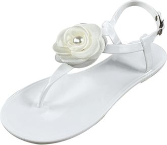 Generic 2026 Women Slippers Ladies Summer Pearl Flower Crystal Jelly Toe Beach Big Size Flat Transparent Sandals (White, 5.5)