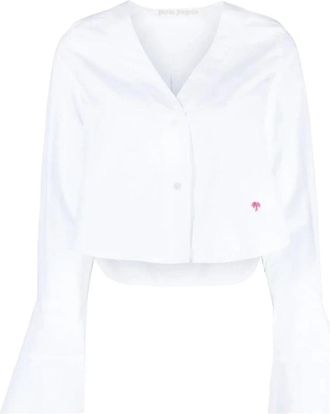 Palm Angels Baseball Blouse met Fluwelen Mouwen - Dames - Overhemden - Wit - S - Katoen - Overhemden