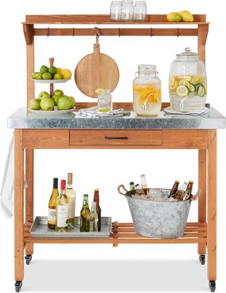 Best Choice Products Mobile Outdoor Table and Storage Cabinet w/ Hooks, 4 Wheels, Stainless Steel Top - Stained Brown