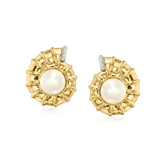 Ross-Simons 8-8.5mm Cultured Pearl Seashell Earrings With White Topaz in 18kt Gold Over Sterling