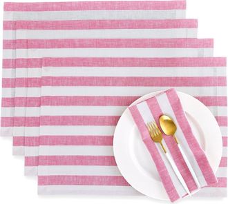 Solino Home Linen Placemats Set of 4, 14 x 19 Inch for Dining Table, Holiday and Everyday Table Decor - Sorrento Stripe in Chateau Rose And White at