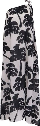Farm Rio Farm Rio One-Shoulder Palm Tree Printed Midi Dress in White Linen