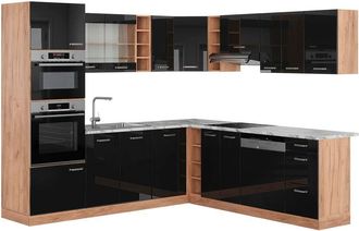 Vicco Cocina Esquinera R-line, Roble Negro/dorado De Alto Brillo, 237 X 247 Cm, Et M&aacute;rmol
