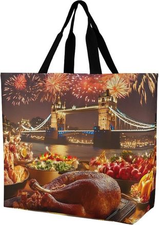 Generic Thanks Giving In Tower Bridge Londo Reusable Shopping Bags One Shoulder Grocery Tote Bag Waterproof Big Purse for Work Travel