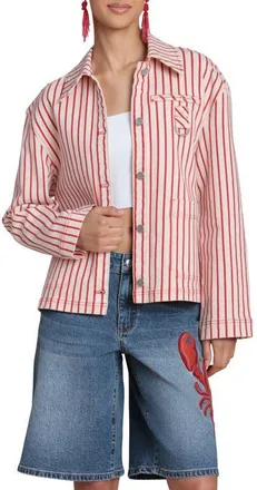 Avec Les Filles Short Stripe Chore Jacket in Cream-Red Stripe at Nordstrom, Size X-Small