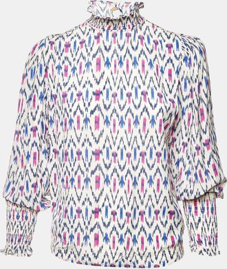 Isabel Marant Etoile White Ikat Print Crepe Yoshi High Neck Top