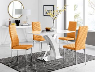 Furniturebox Atlanta White High Gloss & Chrome 4 Seater Dining Table with X Shaped Legs & 4 Faux Leather Milan Chairs in Mustard