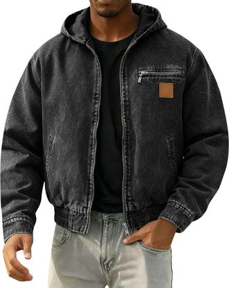 Generic Mens Hooded Denim Jacket Retro Casual Zip-Up Coat Relaxed Fit Streetwear Casual Lightweight Outerwear With Pocket Autumn Winter XL