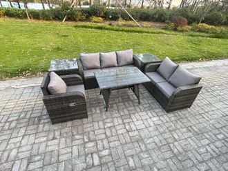 Fimous 6 Seater Outdoor Rattan Garden Furniture Set Patio Lounge Sofa Set with Dining Table 2 Side Tables Dark Grey Mixed