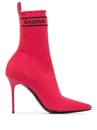 Balmain Skye knitted ankle boots - women - Polyester/Spandex/Elastane/Calf Leather/Calf Leather - 36.5 - Red