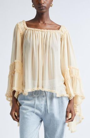 Zimmermann Rebellion Frayed Off the Shoulder Silk Top in Cream at Nordstrom, Size 0