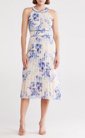 Calvin Klein Floral Halter Neck Chiffon Dress in Ultramarine Multi at Nordstrom Rack, Size 6
