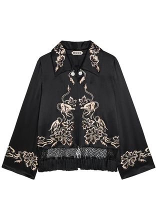 Bode Phantasm Floral Fringed Silk Jacket - Black - L (UK14 / L)