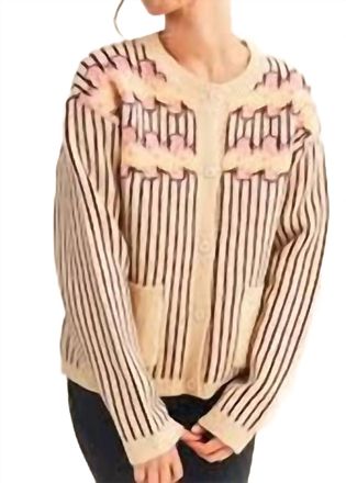 Merci Striped Floral Cardigan In Dark Brown