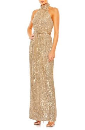 Mac Duggal Sequined Halter Neck Belted Soft Tie Dress in Champagne at Nordstrom, Size 6