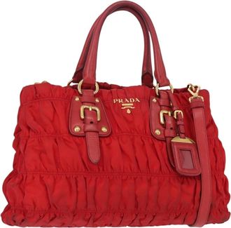Prada Gaufre Convertible Tote Leather And Tessuto Red Nylon Handbag (Pre-Owned)