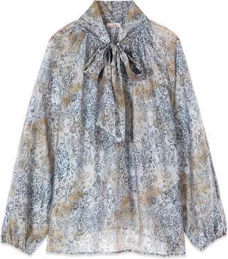 Oltre Blouse met Print en Strik - Dames - Blouses - Blauw - XL - Nylon - Overhemden