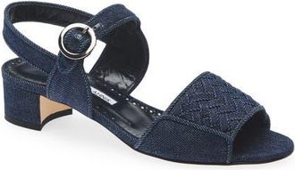 Manolo Blahnik Vibius Block Heel Slingback Sandal in Dark Blue Chambray at Nordstrom, Size 10.5Us