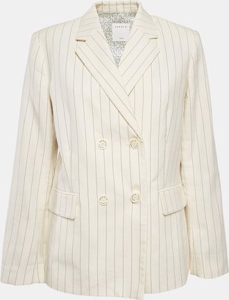 Sandro Off-White Striped Cotton Blend Double Breasted Blazer
