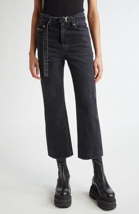 sacai Belted Crop Bootcut Jeans in Black at Nordstrom, Size 1