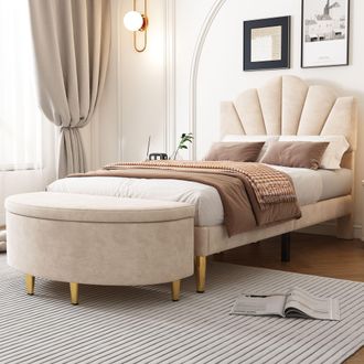Matteo Velvet Upholstered Single Bed with Storage Bench, Beige