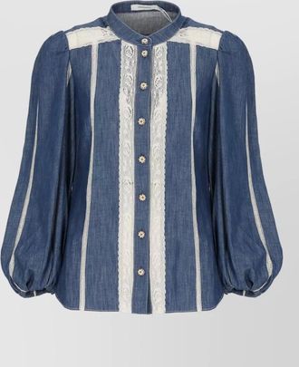 Zimmermann denim lace-panel long-sleeve blouse