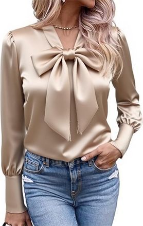 Generic Womens Bow Tie Tunic Silk Satin Blouse Elegant Crew Neck Long Sleeve Shirt Top Casual and Light Formal Wear Casual Dressy Business Tops with Relaxed F