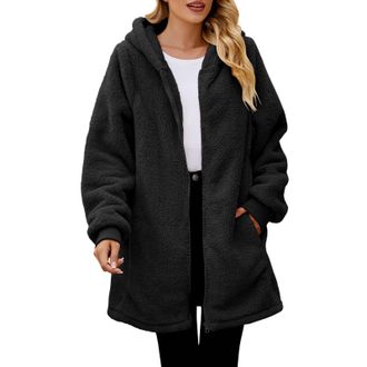 Generic Ladies Long Fleece Jackets Full Zip with Hooded, Warm Teddy Fleece Longline Hoodie with Pockets, Ladies Soft Plush Long Coat for Winter, Outdoor therm